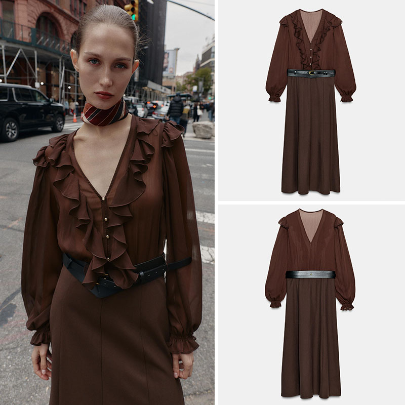 Ethnic Fashion Dress - Elegant V-Neck Long Sleeve Midi Dress
