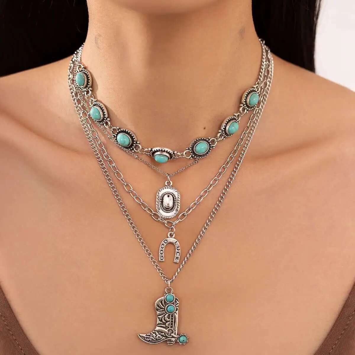 Ethnic Fashion Trends 2025 - Ingemark 4Pcs/Set Ethnic Blue Stone Chain