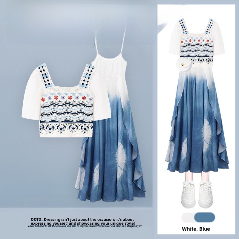 Ethnic Fashion Dress - Retro Hooked Floral Short Sleeve Knitted
