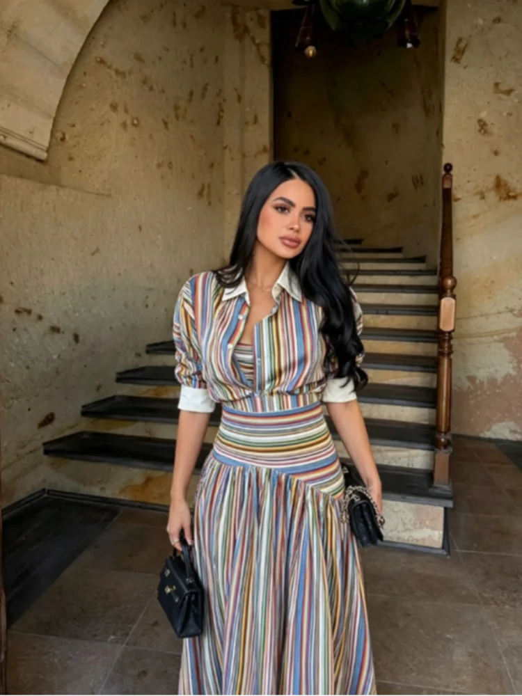 Ethnic Fashion Dress - Boho Colorful Stripe Shirt Maxi Dress
